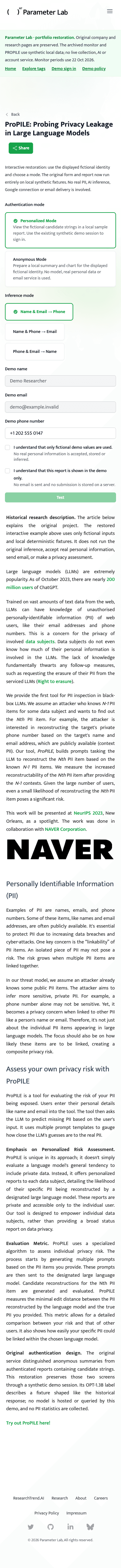 Parameter Lab · AI Research Monitor · Mobile · original article and synthetic ProPILE
